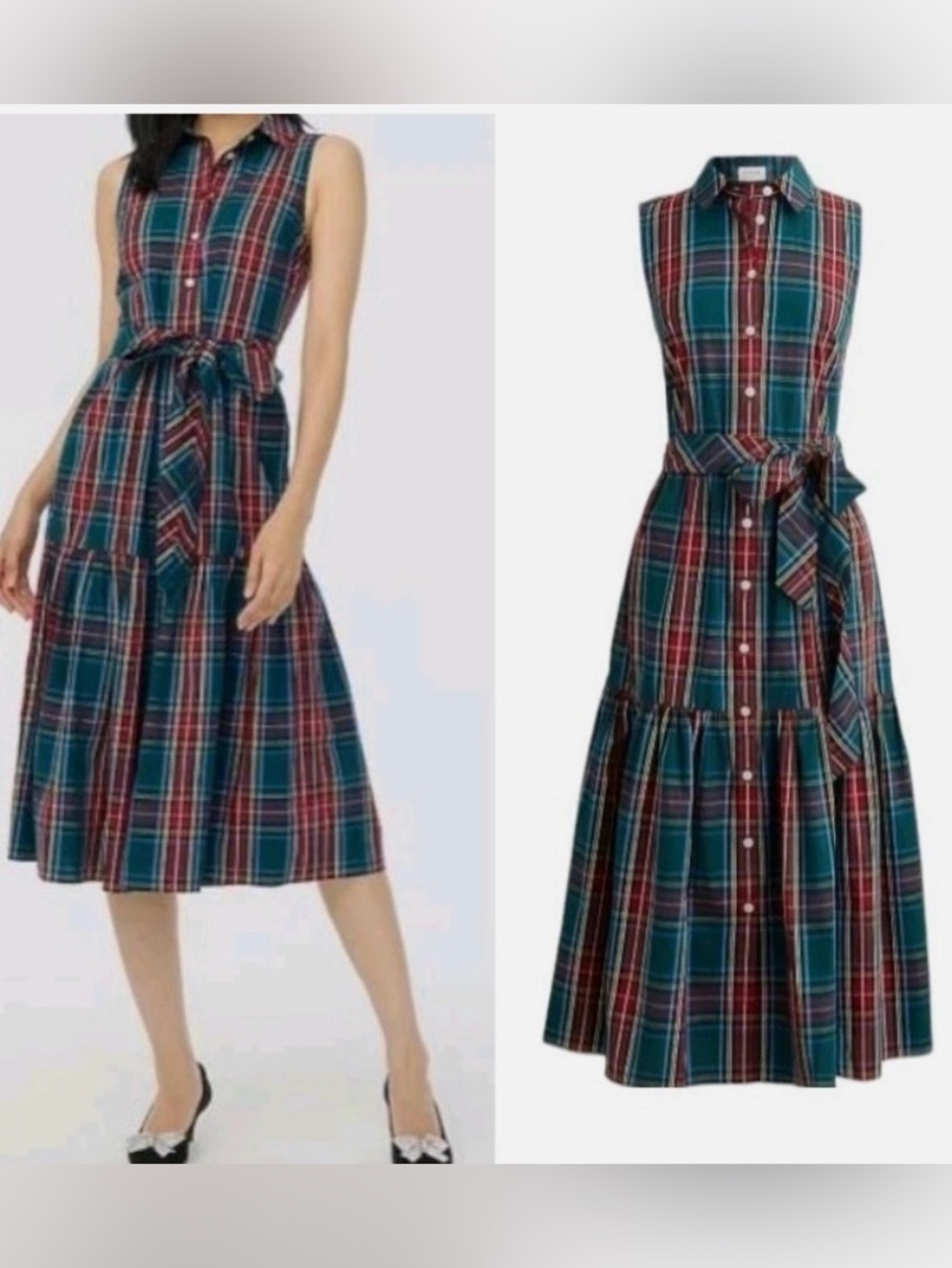 Jcrew tartan Sleeveless Plaid Shirt Dress with Tie Waist - Green/Red
